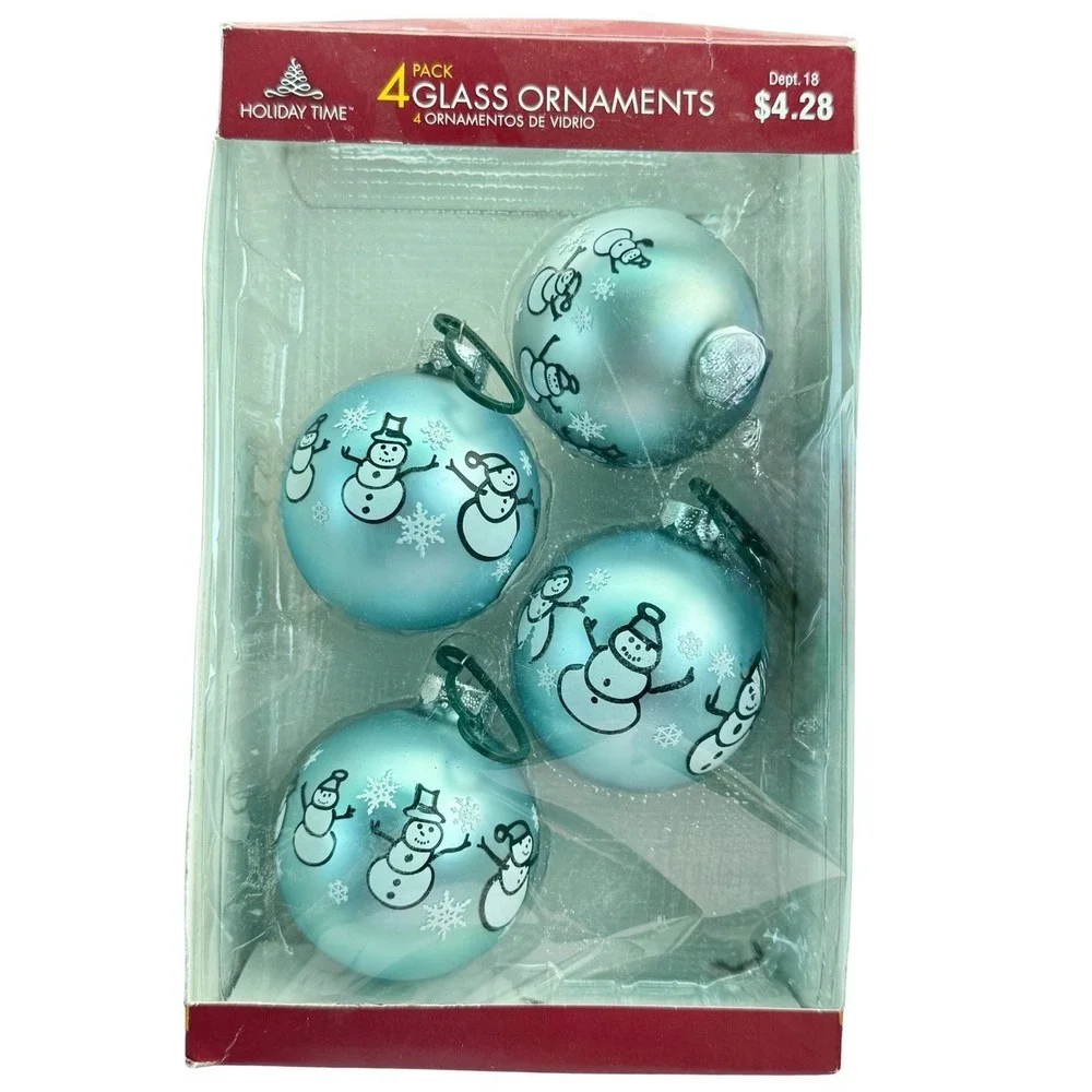 Vintage Glass Ornaments (4) Snowman & Snow Flakes‎ Sky Blue 2006